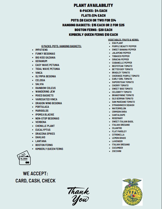 Spring Greenhouse Sale list